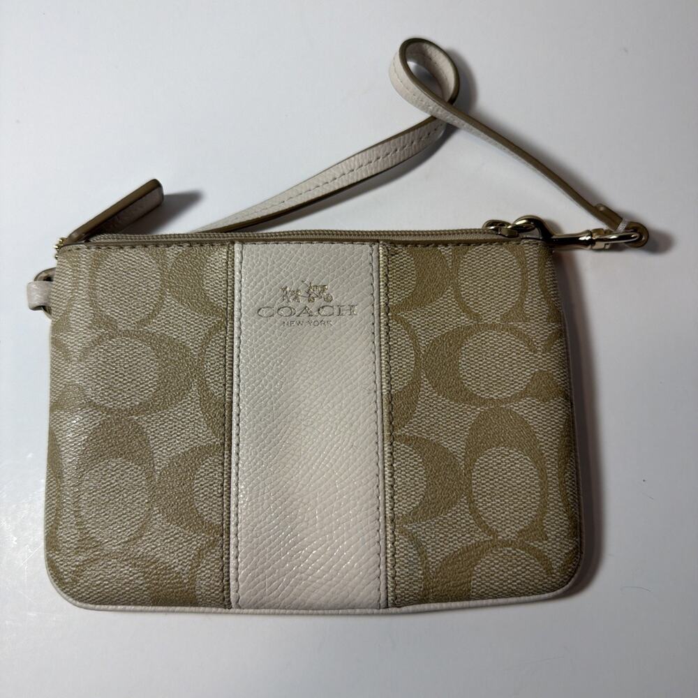 Coach zip around wristlet wallet signature cream leather